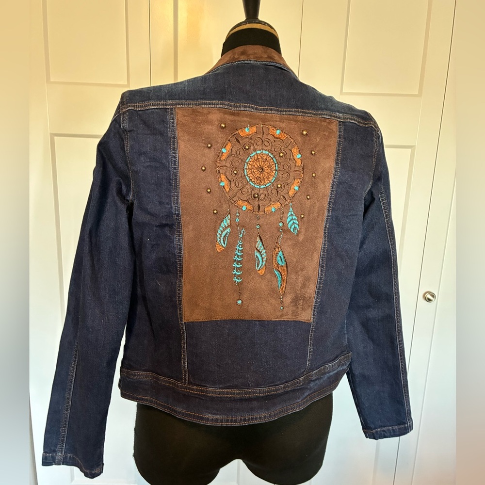 Venario M Denim Jacket Embroidered Dreamcatcher Jean Jacket Turquoise Suede
